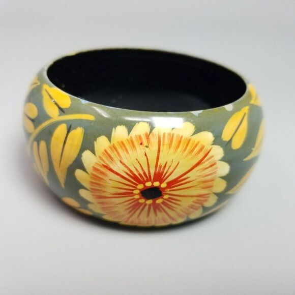Vintage Yellow Floral Wide Bangle Bracelet, Gray Background, Retro Estate - Picture 6 of 7